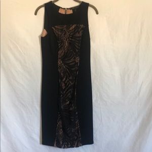 BCBG stretchy black dress nude lining w/lace print